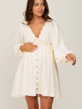 Cream Lace-Front Button Dress